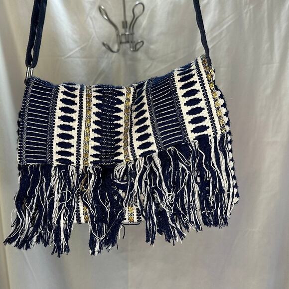 Boho Fringe Crossbody Bag – Navy & Cream Woven Fabric - Picture 3 of 7